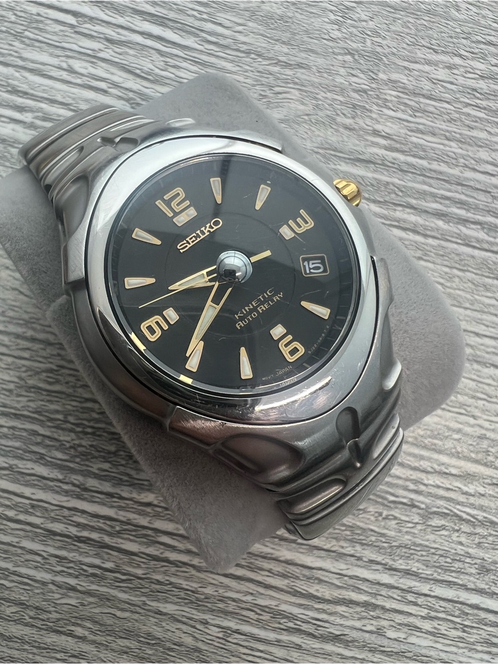 Seiko Black Dial Kinetic Watch with Gold Accents